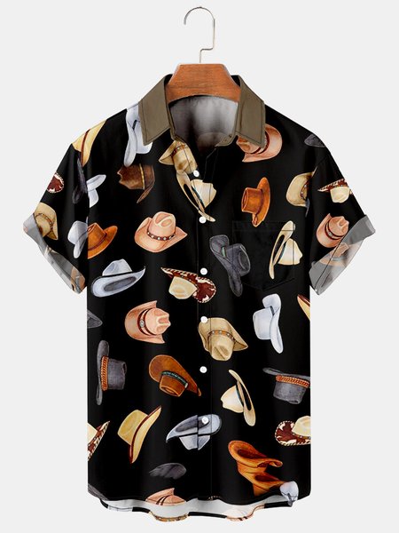 

Men's Denim Horse Print Lapel Loose Chest Pocket Short Sleeve Fashion Aloha Shirt, Black, Men's Floral shirt