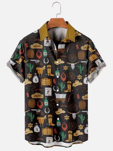 

Men's Denim Horse Print Lapel Loose Chest Pocket Short Sleeve Fashion Aloha Shirt, Black, Men's Floral shirt