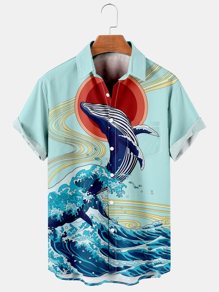 

Men's Retro Casual Breathable Short Sleeve Hawaiian Shirt with Chest Pocket, Blue, Men's Floral shirt