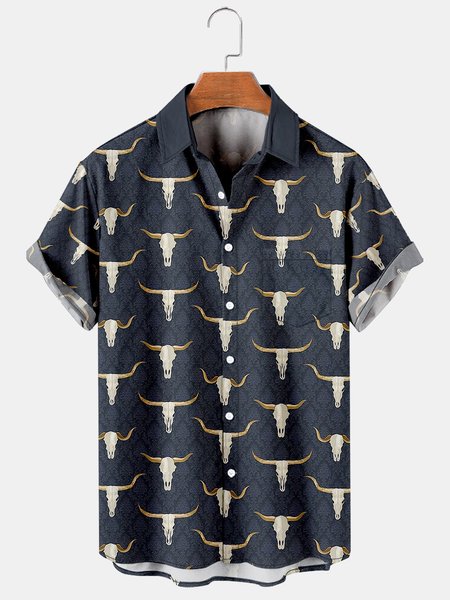 

Men's Denim Horse Print Lapel Loose Chest Pocket Short Sleeve Fashion Aloha Shirt, Black, Men's Floral shirt