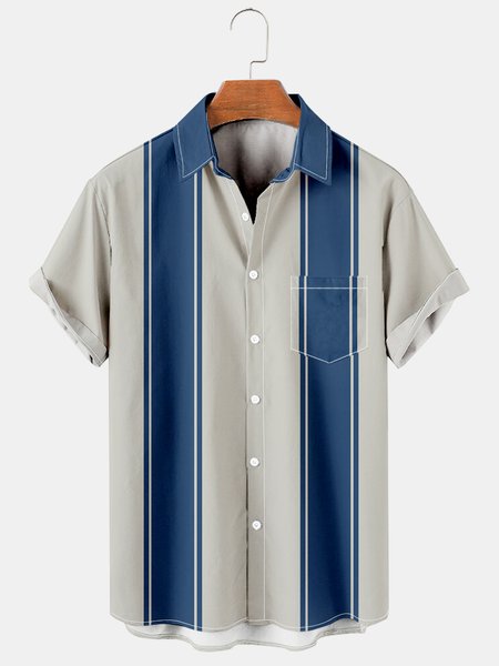 

Men's Striped Print Lapel Loose Chest Pocket Short Sleeve Trendy Aloha Shirt, As picture, Men's Floral shirt