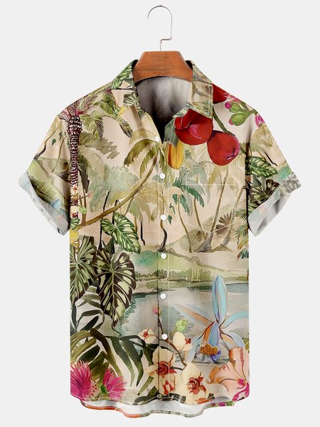 

Men's Casual Short Sleeve Hawaiian Shirt with Chest Pocket Print, Green, Men's Floral shirt