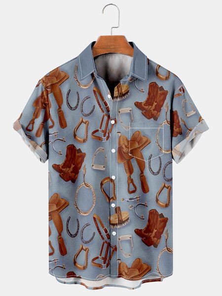

Men's Denim Horse Print Lapel Loose Chest Pocket Short Sleeve Fashion Aloha Shirt, As picture, Men's Floral shirt