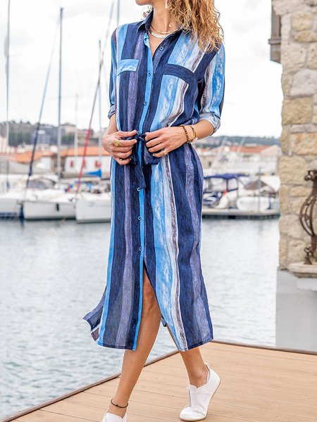 

Shirt Collar Geometric Loosen Long Sleeve Woven Dress, Blue, Dresses