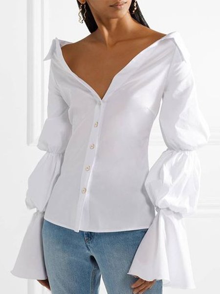 Long sleeve Regular Fit Elegant Plain Shirt, White, Blouses and Shirts