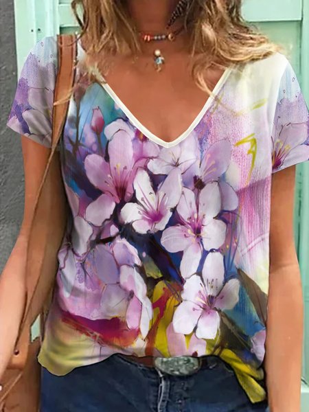 

Vacation Floral Casual Loosen V Neck Short Sleeve T-Shirt, As picture, T-Shirts