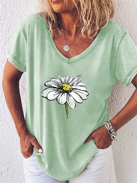 

V Neck Floral Short Sleeve T-Shirt, Lightgreen, T-Shirts