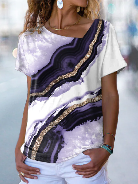 

Asymmetrical Neck Casual Ombre Short Sleeve T-Shirt, Purple, T-Shirts