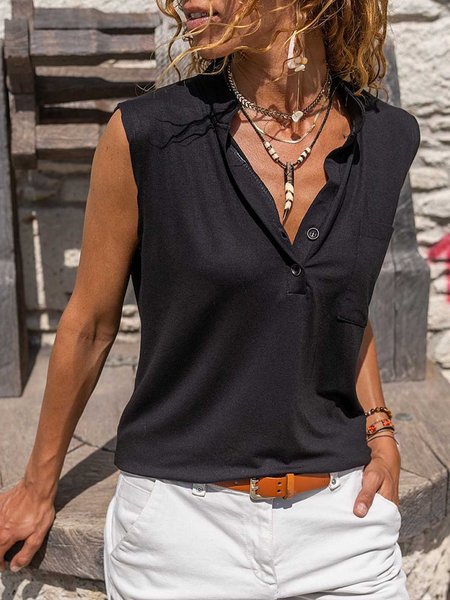 

Leisure foundation simple plain color no pattern nail button stand collar loose top T-shirt vest Plus Size, Black, Tank Tops & Camis