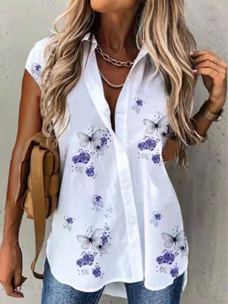 

Casual Butterfly Loosen Lapel Cap sleeve Blouse, White, Blouses & Shirts