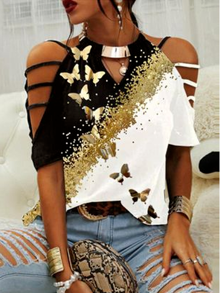 

Notched Butterfly Casual Short Sleeve Tops, Black-white, Shirts & Blouses