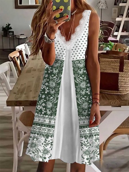 

Holiday tribal feelings folk custom geometric printing loose lace a-hem dress midi Plus Size, Green, Dresses