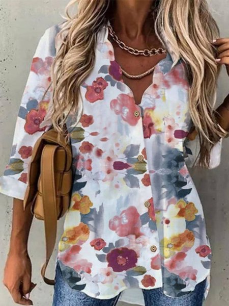 

V Neck Floral Long Sleeve Blouse, Multicolor, Blouses & Shirts