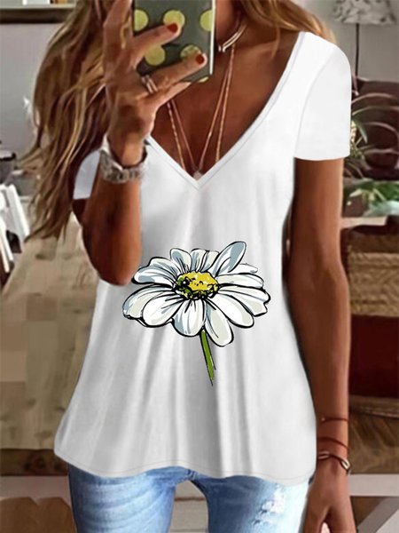 

Casual Floral Short Sleeve V Neck Plus Size Printed Tops T-shirts, White, T-Shirts
