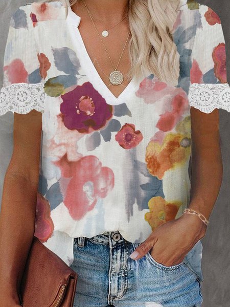 

Loosen V Neck Vacation Short Sleeve Tops, White, Tops