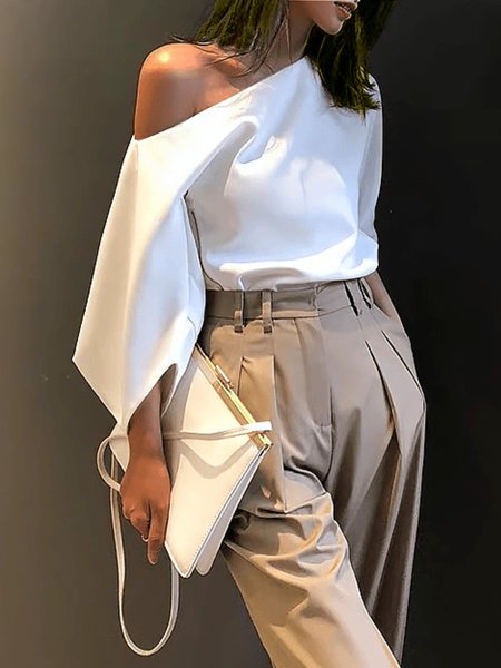 

Summer Lightweight Plain Asymmetrical Neck Short Sleeve Daily Tops, White, Tops