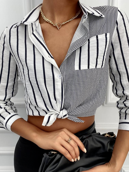 

Shirt Collar Striped Casual Long Sleeve Blouse, Black-white, Shirts & Blouses