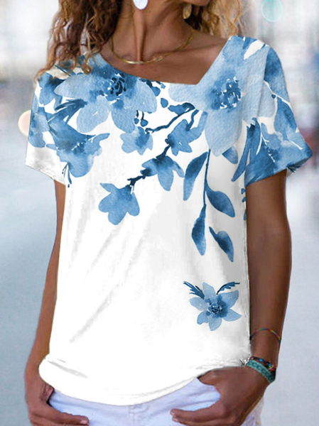 

Casual Floral Print Short Sleeve T-Shirt, White, Tees & T-shirts