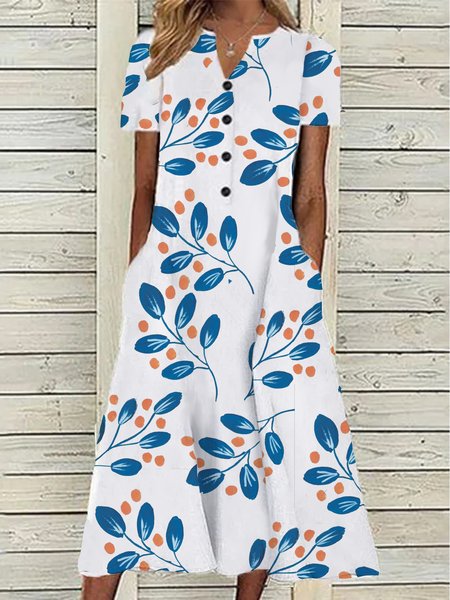 

Casual Leaves Long Sleeve Woven Dress, Blue, Midi Dresses
