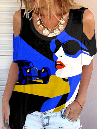 

Crew Neck Casual Figure Short Sleeve T-Shirt, Blue, T-Shirts