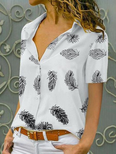 

Casual Feather Printed Loosen Shirt Collar Short Sleeve Blouse, Flower, Blouses & Shirts