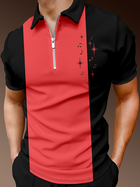

Casual Art Collection Striped Geometric Lapel Short Sleeve Polo Print Top, Red, Men's t-shirts