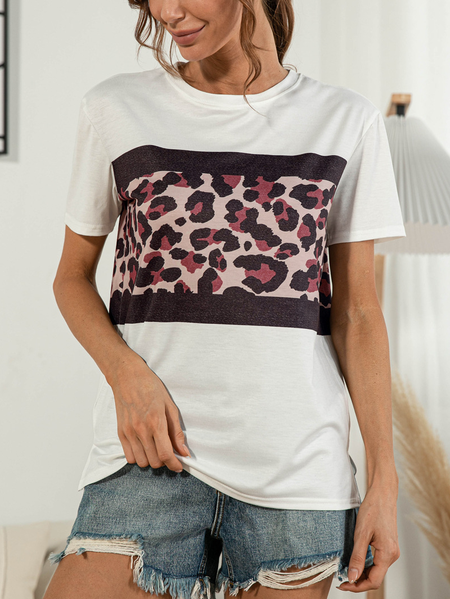 

Casual Crew Neck Leopard Cotton Blends Loosen Short Sleeve T-Shirt, White, T-Shirts