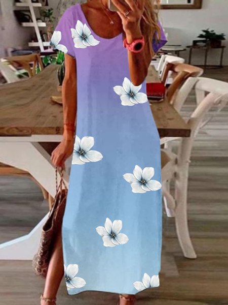 

Flora Ombre Printed Casual Slit Short Sleeve Loosen Dress, Blue, Maxi Dresses