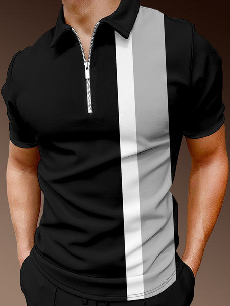 

Casual Art Collection Striped Geometric Lapel Short Sleeve Polo Print Top, Black, Polo Shirts