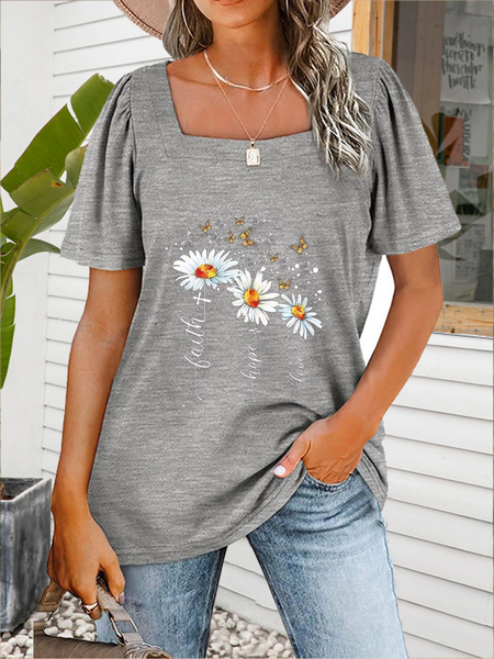 

Plus size Square Neck Daisy Printed Short Sleeve T-Shirt, Gray, T-Shirts