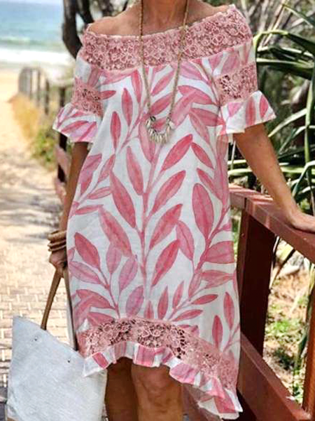 

Foliage Print Lace Cutout Panel Casual Resort Dress Casual Frill Sleeve Short Sleeve Woven Dress, Pink, Mini Dresses
