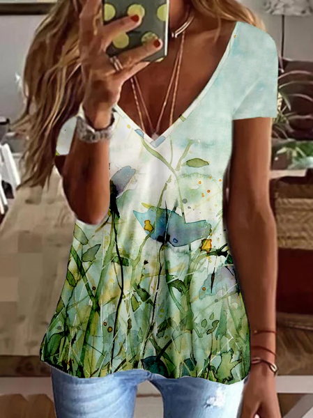 

Floral V Neck Short Sleeve T-Shirt, Green, T-Shirts