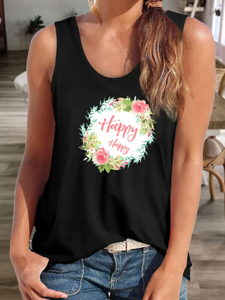 

Floral Print U-Neck Casual Street Tank Top U-Neck Floral Knit Tank, Black, Tanks & Camis