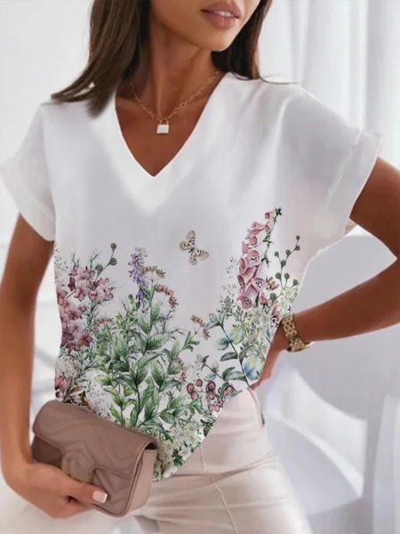 

Butterfly Floral V Neck Short Sleeve Plus Size Casual Tops, White, Tops