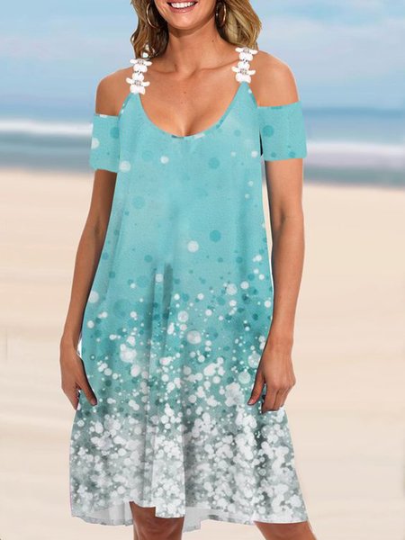 

Vacation Ombre Geometric Polka Dots Casual Loosen Off The Shoulder Midi Short Sleeve Knit Dress, Blue, Mini Dresses