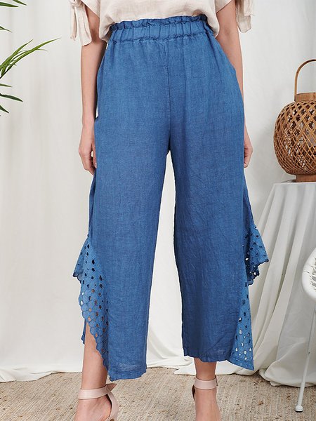 

Loosen Cotton Blends Dark Blue Eyelet-Accent Side Slit Palazzo Pants, Deep blue, Pants
