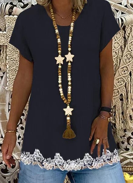

Casual Lace Decoration Crew Neck Short Sleeve Tops, Black, Tunics