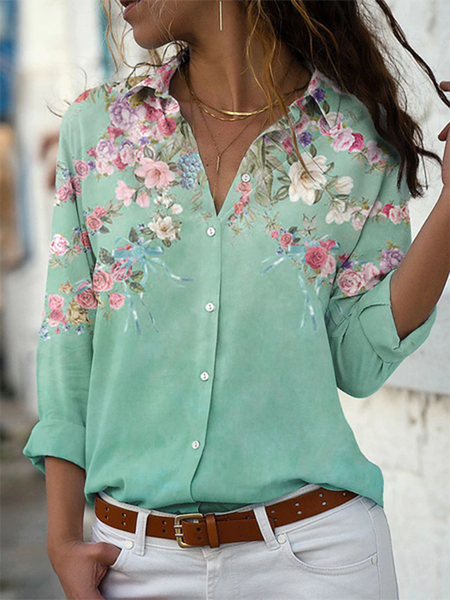 

Floral Shirt Collar Casual Long Sleeve Blouse, As picture, Blouses & Shirts
