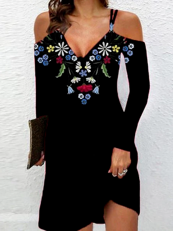 

Floral Vacation V Neck Floral Long Sleeve Knit Dress, Black, Dresses