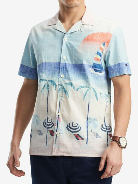 

Cotton and Linen Style Beach Natural Landscape Coconut Tree Plant Print Versatile Linen Shirt, As picture, Shirts ＆ Blouse
