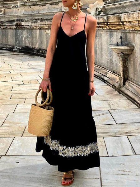 

V Neck Casual Loosen Short Sleeve Knit Dress, Black, Maxi Dresses