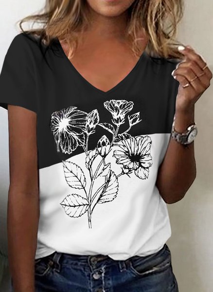 

Floral Color Block Printed Casual Loosen V Neck Short Sleeve T-Shirt, Black, T-Shirts