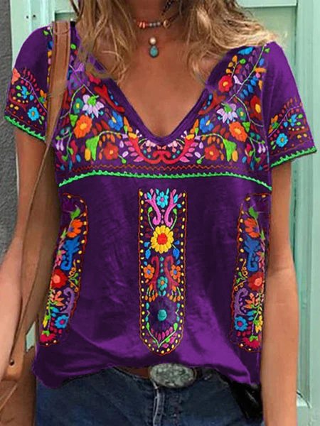 

JFN V Neck Floral Tribal Vacation T-Shirt/Tee, Purple, T-Shirts