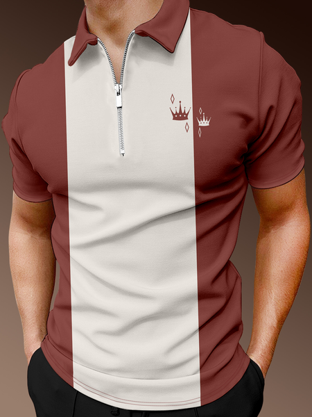 

Casual Art Collection Striped Geometric Lapel Short Sleeve Polo Print Top, Wine red, Men's t-shirts