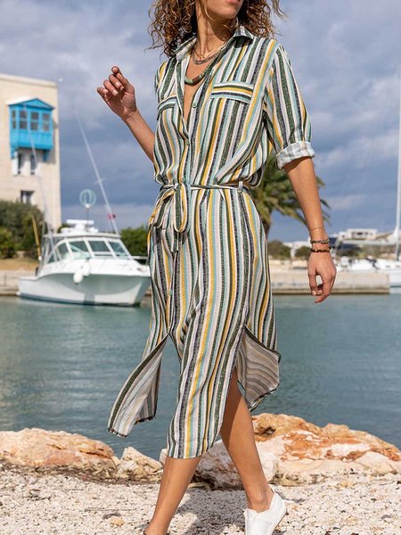 

Casual basic simple striped shirt collar button loose straight dress long Plus Size, Multicolor, Midi Dresses