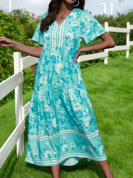 

Frill Sleeve Cotton-Blend Boho Floral Weaving Dress, Blue, Floral Dresses
