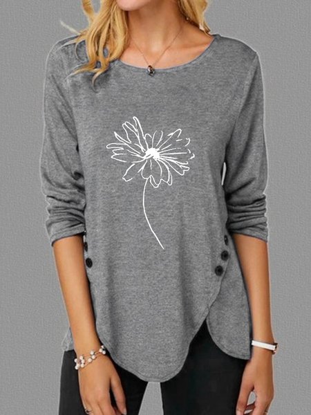 

Casual Simple Floral Print Crew Neck Long Sleeve Shirt, Gray, Long sleeves