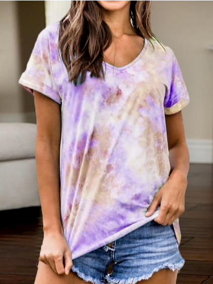 

V Neck Tie Dye Loosen Short Sleeve T-Shirt, Light purple, T-Shirts