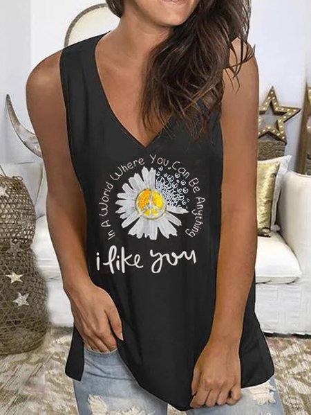 

Casual Letter Floral Printed V Neck Loose Fitting Knit Tank Tops, Black, Tank Top