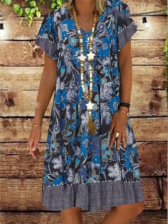 

V Neck Floral Short Sleeve Woven Dress, Multicolor, Dresses